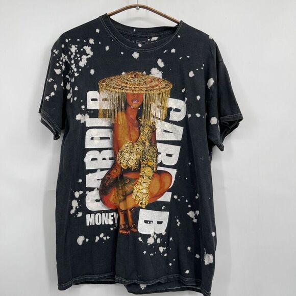 Cardi B Black Bleach Dye Graphic Print Cotton Money T-Shirt Size Small/Medium - Picture 1 of 5